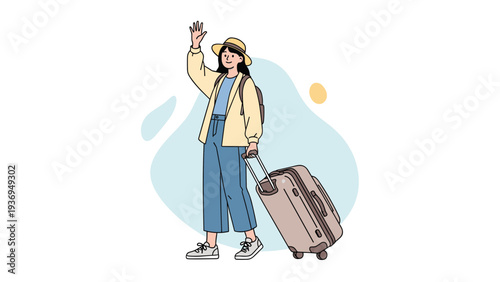 Young woman traveler wearing a sun hat and backpack waving while pulling a large suitcase on a plain white background.