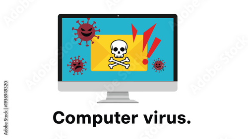 Illustration of a computer monitor displaying an email infected with a skull and bones virus icon and malicious bugs.