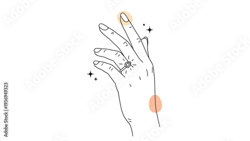 Elegant hand line drawing wearing a diamond engagement ring with abstract decorative spots and sparkling magic stars.