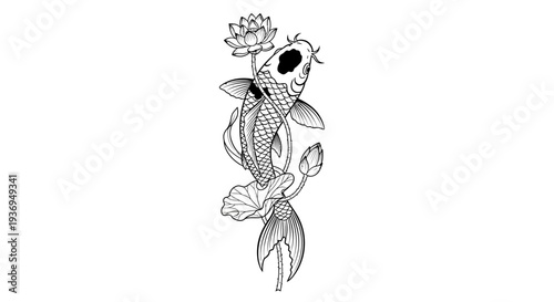 Koi Fish and Lotus Flower Tattoo Design, Japanese Art, Black and White