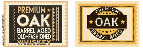Old-fashioned whiskey stamp, bold serif fonts, star accents, Premium Oak Barrel Aged, round rubber stamp style, worn ink effect, dark brown and gold palette