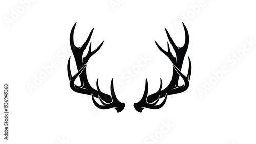 Symmetrical black silhouette of deer antlers isolated on a white background for hunting or forest themed graphic design.