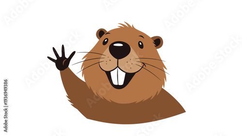 Cheerful cartoon beaver head waving its paw and smiling with large front teeth isolated on a plain white background.