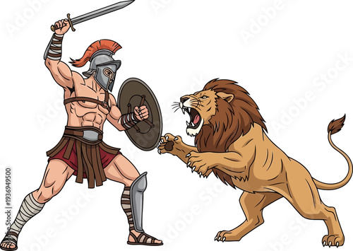 Ancient gladiator fighting a roaring lion with a sword and shield