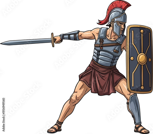Ancient roman legionary lunging forward with a gladius sword and rectangular scutum shield