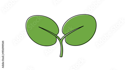 Simple green sprout with two leaves growing from a single stem representing nature growth and environment care.