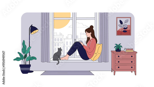 Young woman sitting on a windowsill at home with her cat looking out at the city during a sunset afternoon.