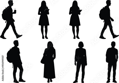 Black silhouettes of male and female students walking and standing with backpacks and digital tablets isolated on a white background