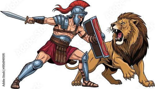 Arena combatant with a rectangular shield facing a roaring lion