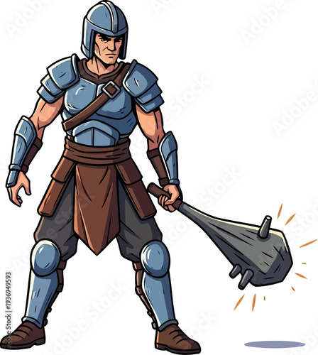 Armored fighter standing with massive spiked wooden club