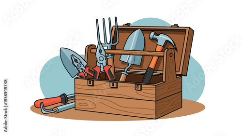 Wooden tool box filled with various gardening equipment including trowels a hand fork a hammer and some metal pliers.