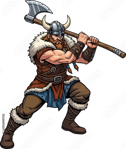 Bearded viking warrior resting a large axe on his shoulder