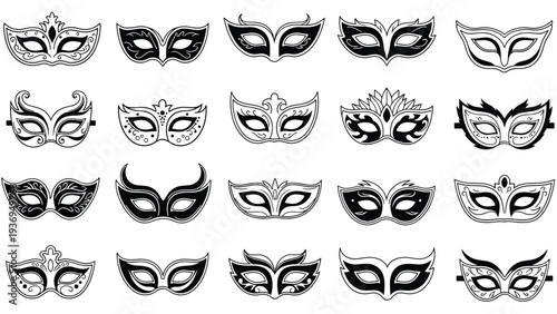 Collection of various masquerade and carnival mask designs in black and white with intricate patterns and shapes.