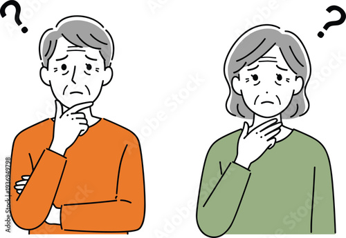Confused elderly couple with question marks, senior man and woman thinking or having memory problems, dementia awareness, and retirement planning illustration. (22 words)