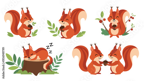 Set of five adorable cartoon squirrels in various poses includes characters holding acorns and sleeping on a tree stump for children designs.