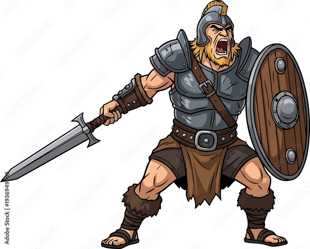 Obraz premium Enraged tribal fighter screaming while holding a sword and wooden shield