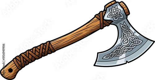 Decorated viking battle axe with intricate celtic knotwork patterns