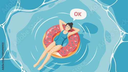 Young woman relaxes peacefully on a pink sprinkled donut float in a blue swimming pool with a speech bubble saying OK in this summer scene.