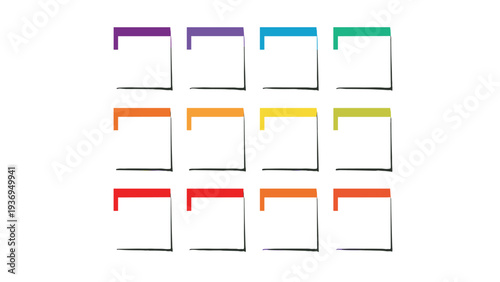 Set of twelve colorful square frame icons with thick top bars in a rainbow of hues provides a versatile design template for UI and web elements.