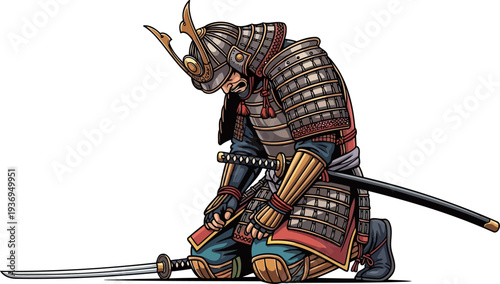 Defeated samurai kneeling in sorrow with a katana on the ground