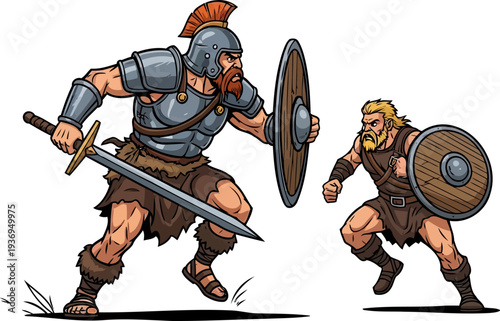 Duel between a heavily armored centurion and a tribal barbarian fighter