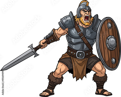 Enraged tribal fighter screaming while holding a sword and wooden shield