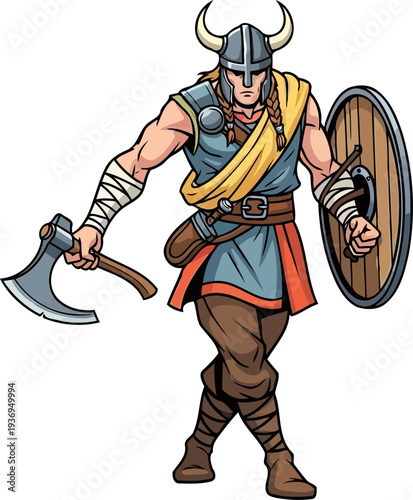 Fierce scandinavian fighter advancing with a round shield and hand axe