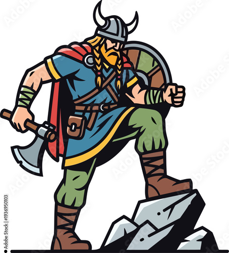 Heroic viking explorer standing on a rock while holding a shield and hand axe