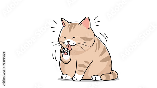 Chubby orange tabby cat sits and meticulously licks its paw for grooming in a charming and relatable animal character illustration.