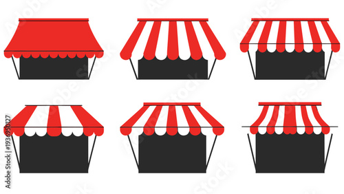 Collection of six various red and white striped shop awning designs provides multiple options for commercial and retail storefront graphics.
