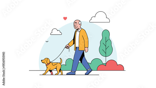 Active elderly man walks his golden dog on a leash through a park with green trees and clouds in a positive scene of healthy aging.