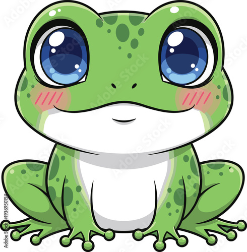 Cute green frog cartoon character with big blue eyes, adorable amphibian illustration for kids, friendly pond animal mascot, cheerful toad.