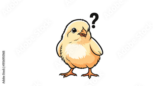 Curious little yellow chick stands and looks up at a black question mark symbol in this cute and expressive animal character illustration.