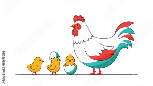 Mother hen stands protectively with her three young chicks, including one still hatching from a blue shell, on a simple line ground.