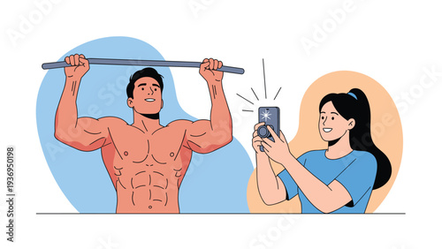Woman uses her smartphone to take a photo of a muscular man performing pull-ups at the gym for social media and fitness tracking.
