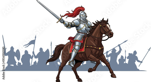 Knight on a galloping horse leading an army into battle with a sword