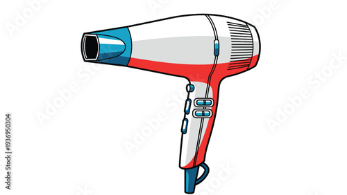 Modern hair dryer features a white body with red accents and blue nozzle and buttons in this clean, product-style illustration.