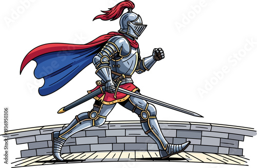 Knight with red plume and blue cape running along stone wall