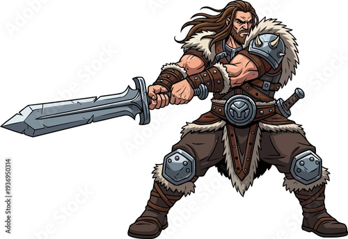 Long-haired viking raider wielding a heavy broadsword in a defensive combat stance