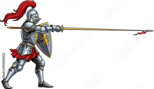 Medieval knight in full plate armor charging with long lance