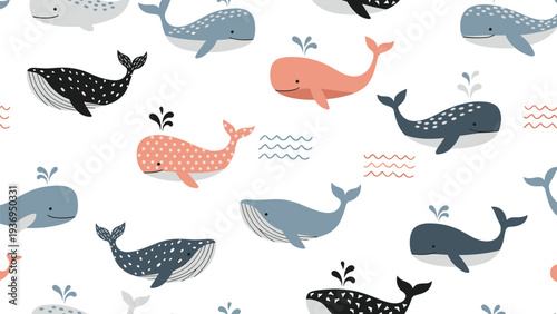 Charming seamless pattern displays various cute whales in blue, black, and orange colors swimming among small waves on a white backdrop.