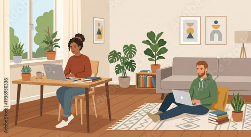 A man and a woman are sitting and working on their laptops in the living room.