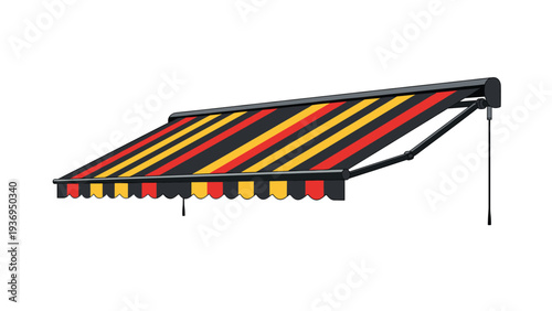 Retractable striped awning with black, red, and yellow colors is shown from a side perspective against a clean white background.