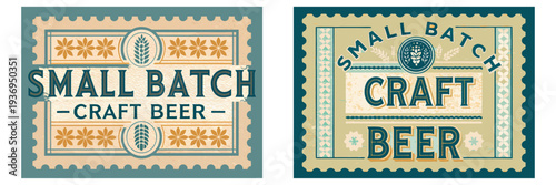 Retro brewery seal, hops and barley graphics, Small Batch Craft Beer, bold block typography, distressed ink texture, aged paper style