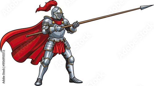 Medieval knight in full plate armor holding a long pike