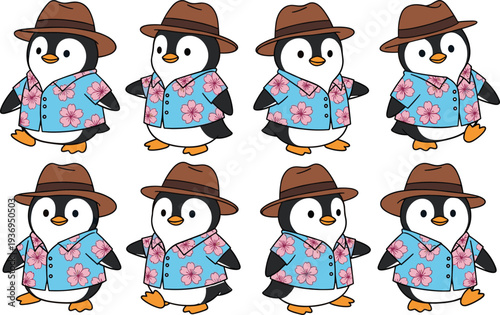 Cute penguin cartoon character mascot set wearing a brown fedora hat and blue floral aloha shirt for summer vacation design.