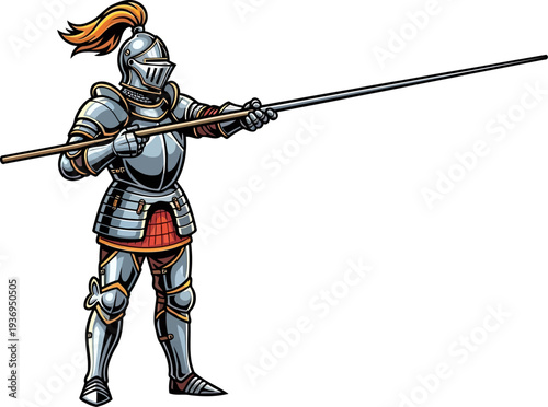 Medieval pikeman in full armor holding a long wooden polearm
