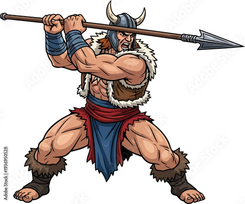 Muscular barbarian warrior thrusting a long spear in a combat pose