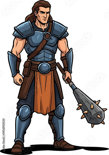 Mercenary warrior standing with spiked mace weapon