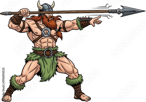 Muscular viking warrior throwing a spear during a battle